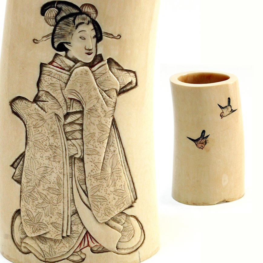 IVORY TUSK VASE  WITH A DECORATION OF A BIJIN, MEIJI LATE 19TH C